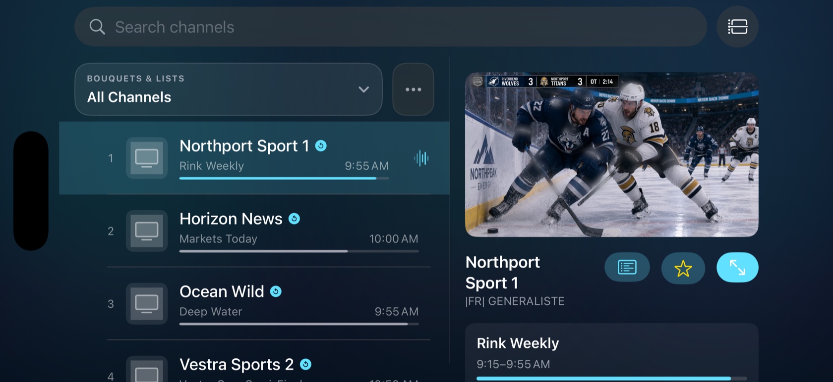 North IPTV on iPhone: the new Bouquets & Lists selector, channel list and live preview side by side