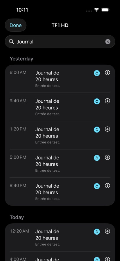 A channel's schedule: every past programme carries replay and download buttons